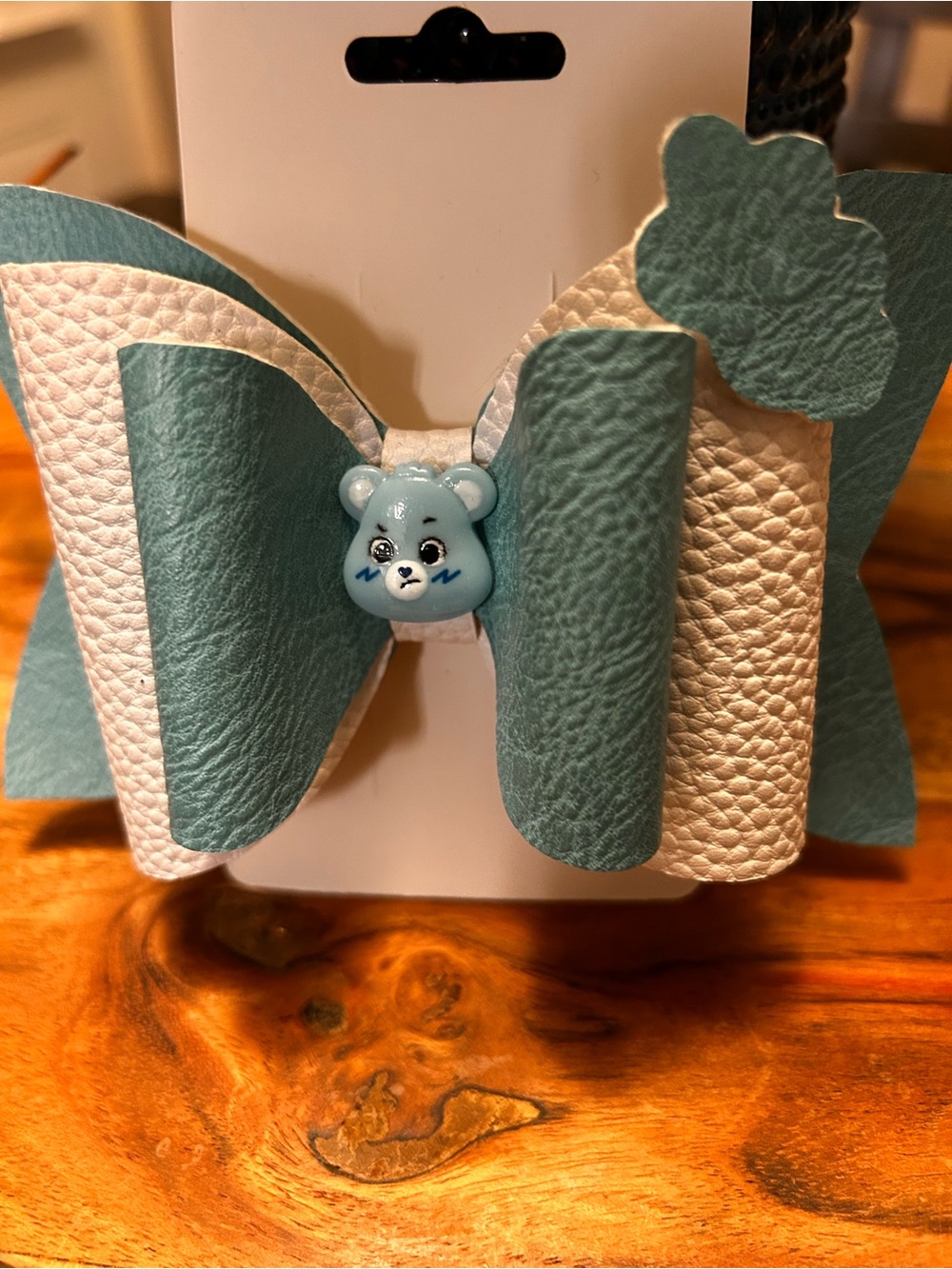 Hand Crafted Teal and White Bear Bow Hair Clip